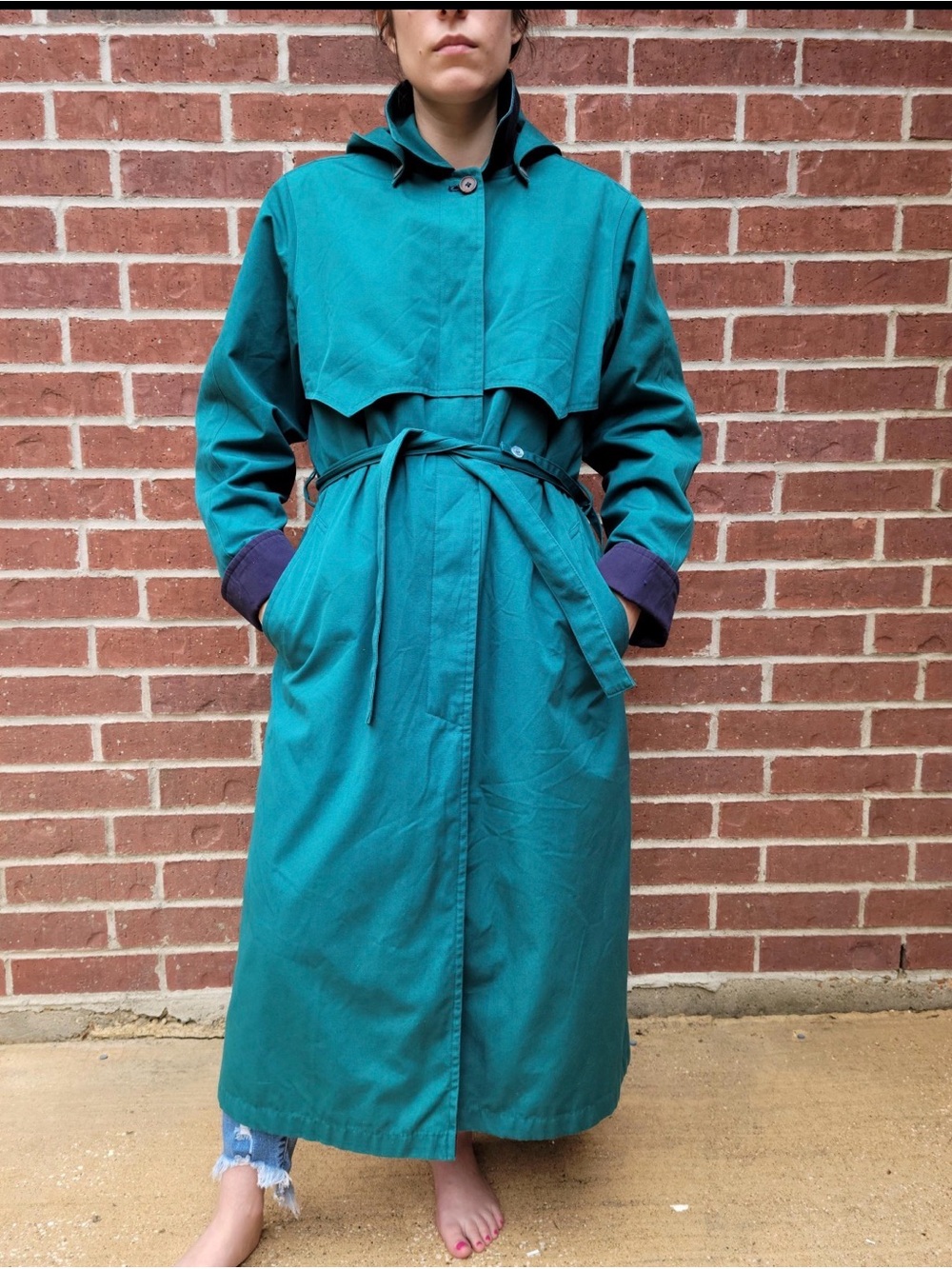 Vintage 1970s London Fog Maincoats Teal Hooded Belted Trench Coat 4P USA